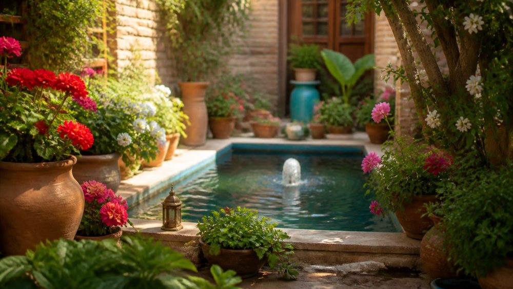 حیاط کوچک ایرانی با آب نمای سفالی، دیوار آجری، شمعدانی های رنگی و گلدان های نعناع و یاس