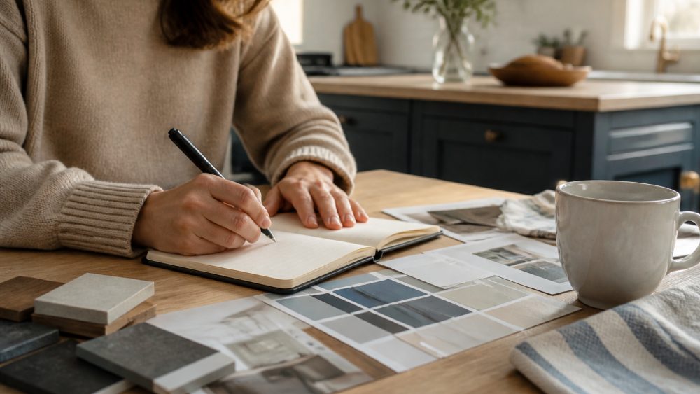 فردی در حال نوشتن فهرست خواسته ها کنار نمونه های رنگ، متریال و طرح کابینت آشپزخانه