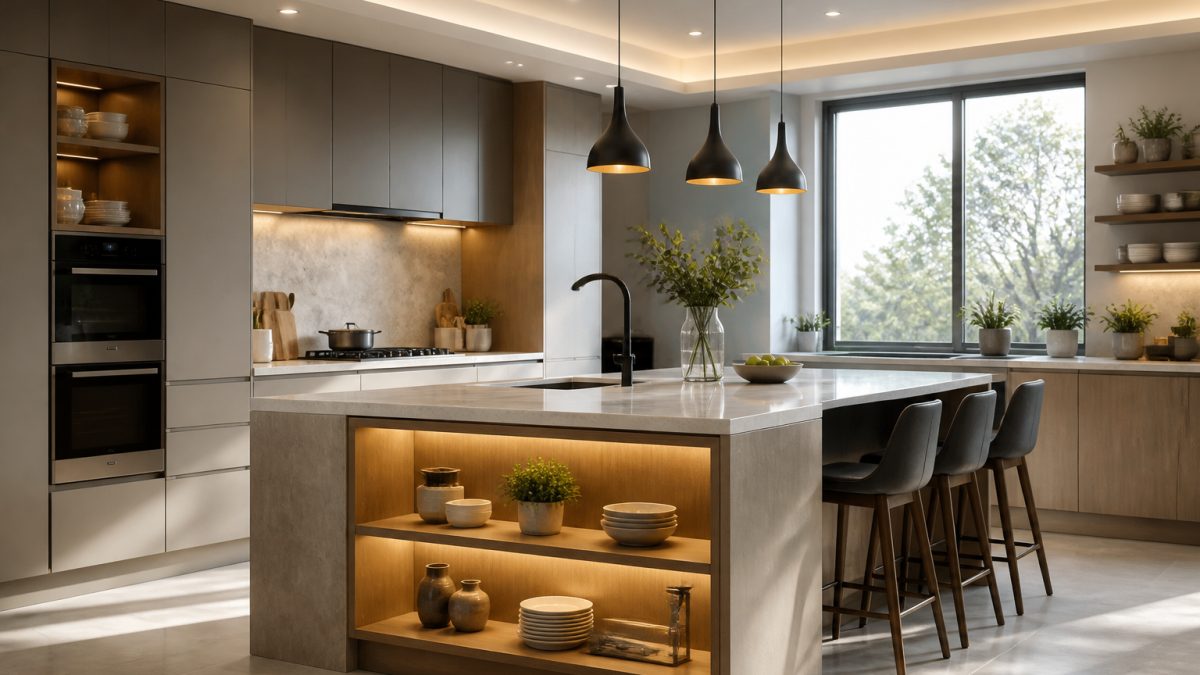 آشپزخانه مدرن و روشن با جزیره چوبی، کابینت‌های مینیمال و نور طبیعی