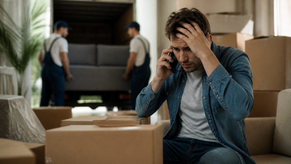 مردی کنار انبوه جعبه های بسته بندی شده به یک وانت کوچک و پرشده برای اسباب کشی نگاه می کند