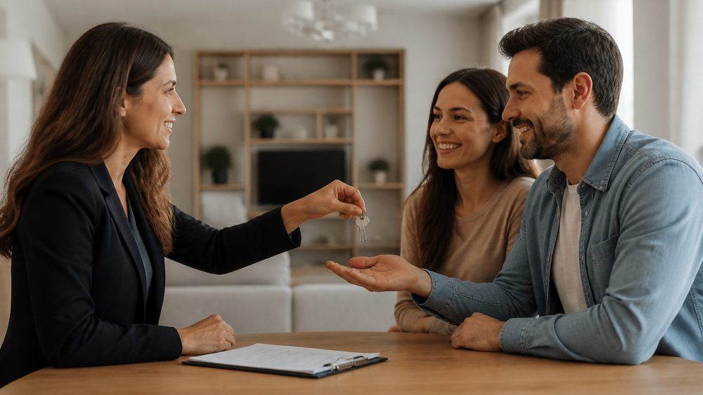 مالک در حال بررسی گزارش اجاره و وضعیت چند واحد مسکونی با مدیر املاک در دفتر کار