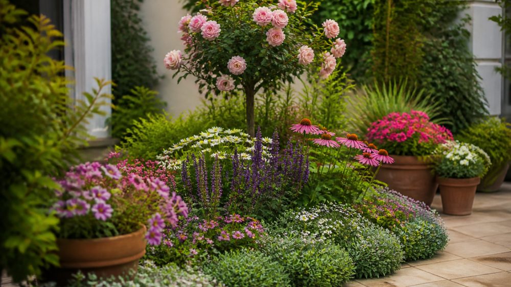 باغچه ای کوچک با رز بوته ای در پس زمینه، گل های میان قد در میانه و گیاهان پوششی در حاشیه کنار گلدان های رنگی