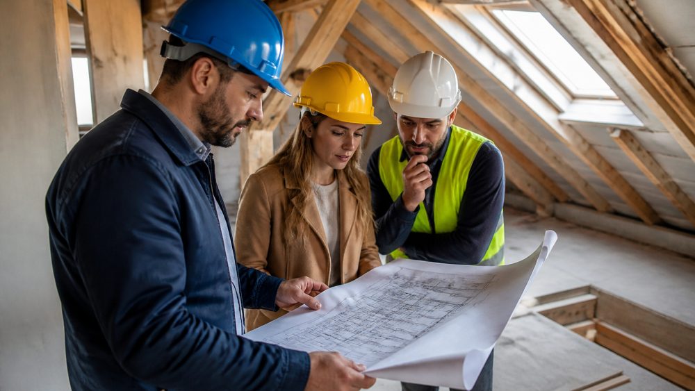 مهندس با کلاه ایمنی در حال بررسی قاب پنجره سقفی و عایق کاری بام زیرشیروانی