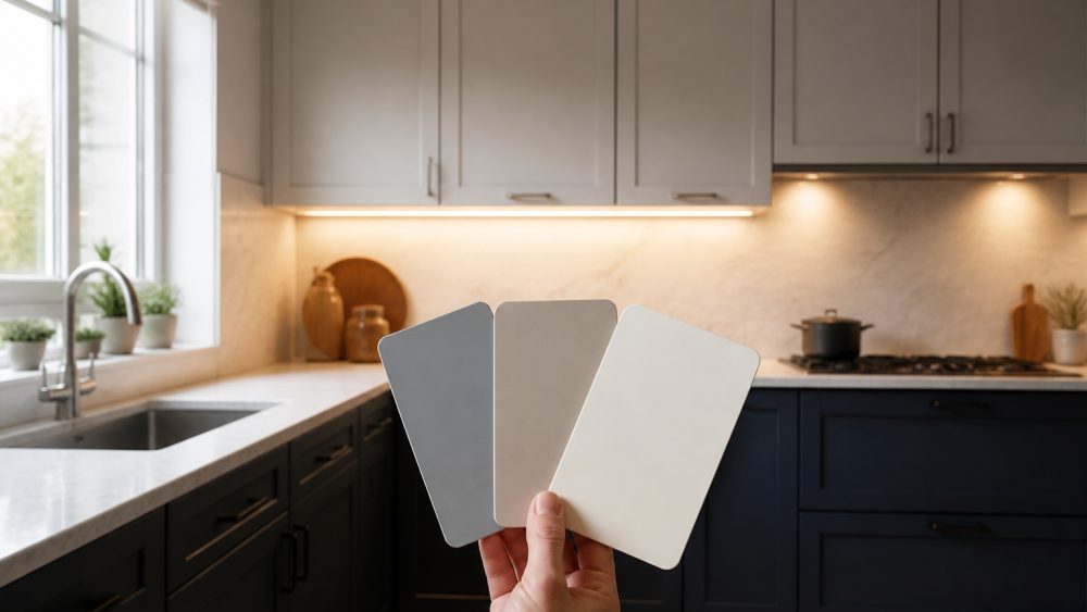 آشپزخانه ای کوچک با کابینت های دیواری روشن و کابینت های زمینی طوسی گرم در نور طبیعی