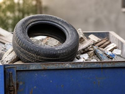 لاستیک فرسوده خودرو کنار کانتینر نخاله در محوطه بازیافت، با تمرکز بر جداسازی پسماند