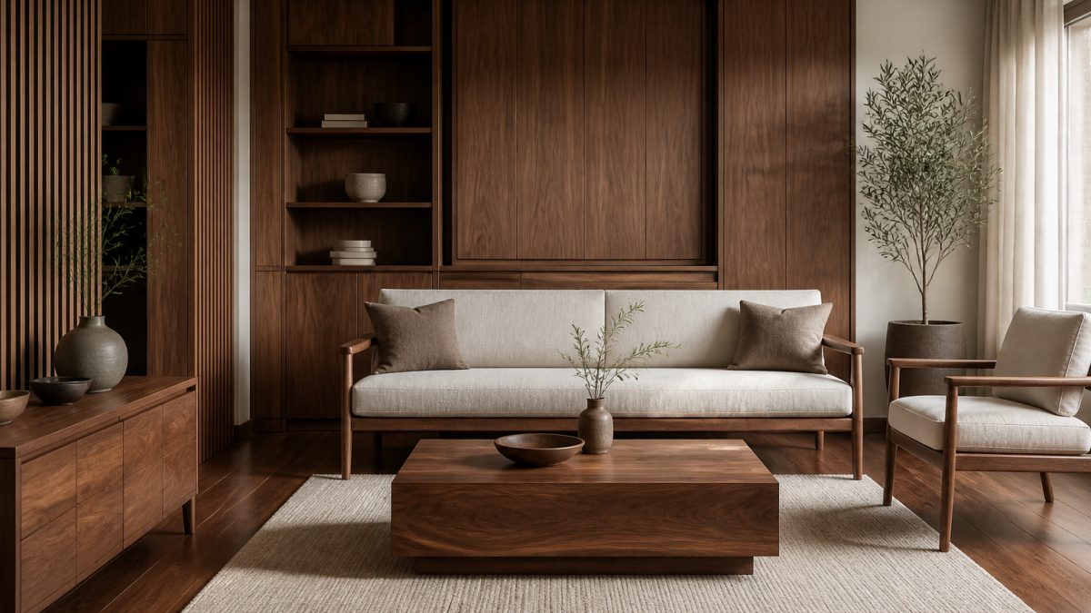 نشیمن مدرن با میز و کابینت چوب گردو، رگه‌های طبیعی و نور گرم پنجره