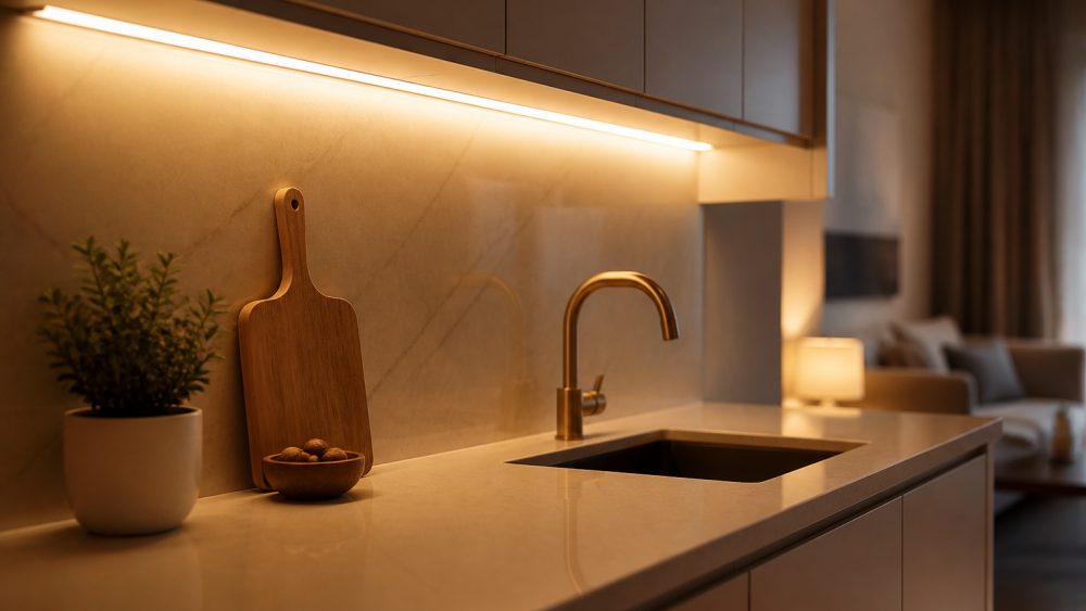 آشپزخانه ای کوچک با چراغ دیواری کم حجم و نور گرم زیر کابینت ها که به فضا عمق می دهد