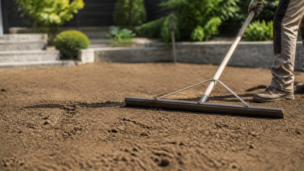 گودال آب گرفته در خاک ناهموار باغچه کنار چمن و گیاهان، با برجستگی های خاکی اطراف