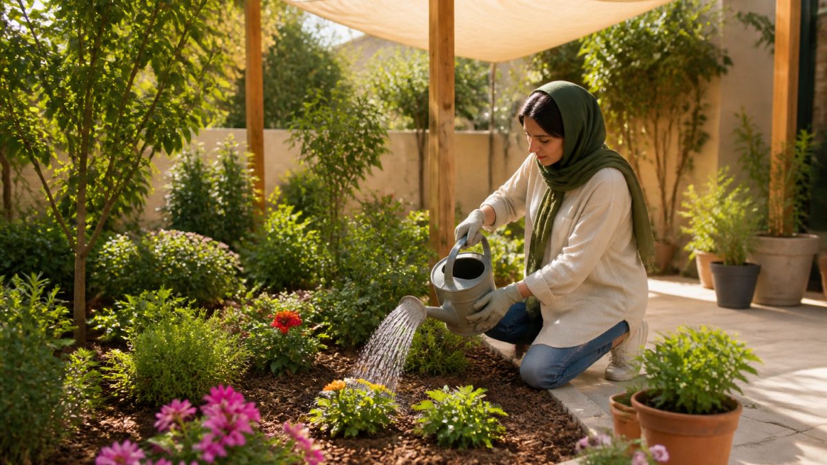 باغچه‌ای سرسبز در تابستان با آبیاری عمیق، مالچ اطراف گیاهان و سایه‌بان پارچه‌ای