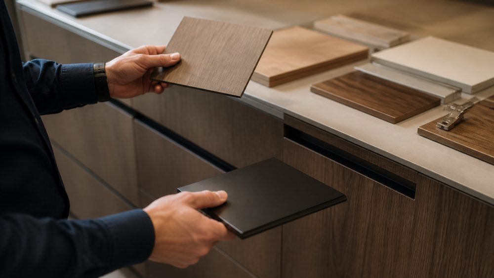 دست های مجری در آشپزخانه، نمونه های روکش چوب و یراق آلات کابینت را زیر نور طبیعی بررسی می کند