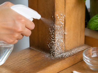 بطری اسپری سرکه سفید کنار چند شپشک چوبی روی کف چوبی، در نور طبیعی آشپزخانه